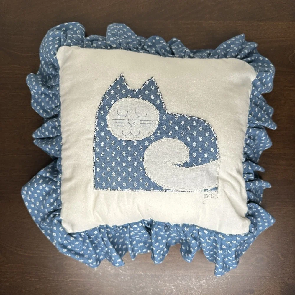 Vintage Quilt Cat Throw Pillow Blue Ruffle Grannycore Embroidered Handmade Kitty
